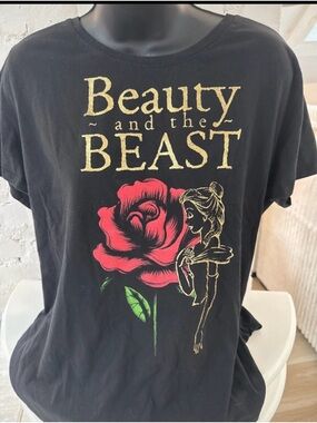 Disney Black Short Sleeve Tee with Red Rose and Gold Script